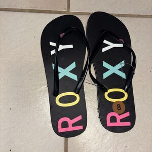 Roxy Thong Flip Flop Sandals Rainbow Logos Black New With Tags